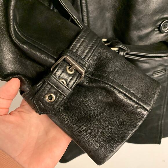 Genuine Leather Trench Belted Jacket Blazer Coat Black Longline Moto Buckle - Picture 9 of 12